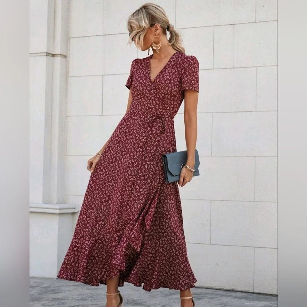 New Boho Floral Wrap Ruffle Maxi Dress Burgundy Red White - Picture 6 of 9